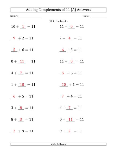 The Adding Complements of 11 (Blanks in First or Second Position Mixed) (A) Math Worksheet Page 2