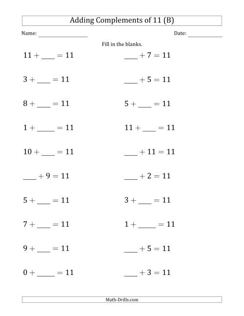 The Adding Complements of 11 (Blanks in First or Second Position Mixed) (B) Math Worksheet