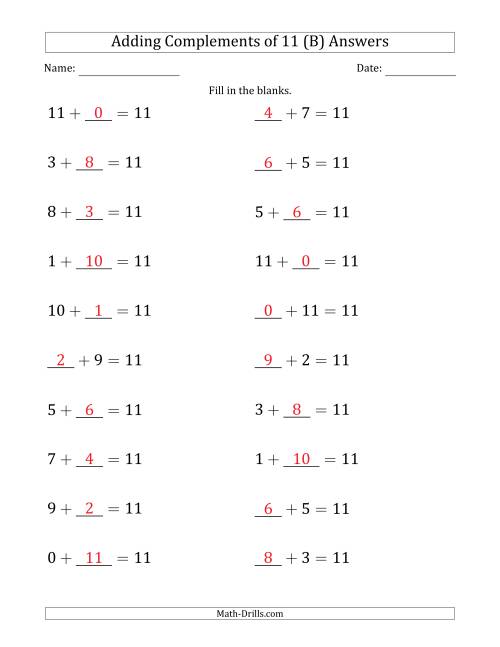 The Adding Complements of 11 (Blanks in First or Second Position Mixed) (B) Math Worksheet Page 2