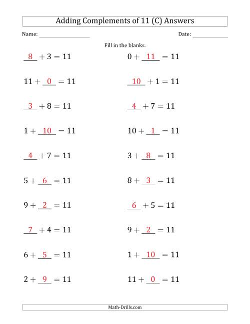 The Adding Complements of 11 (Blanks in First or Second Position Mixed) (C) Math Worksheet Page 2