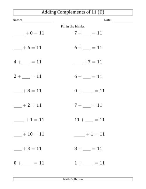 The Adding Complements of 11 (Blanks in First or Second Position Mixed) (D) Math Worksheet