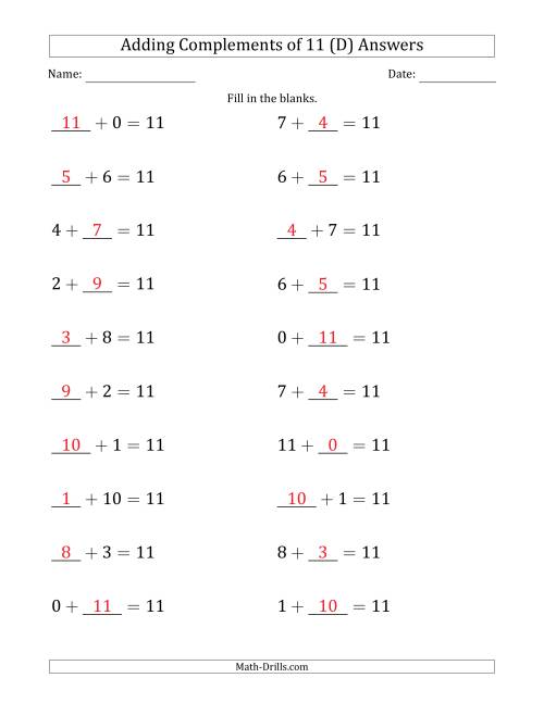 The Adding Complements of 11 (Blanks in First or Second Position Mixed) (D) Math Worksheet Page 2