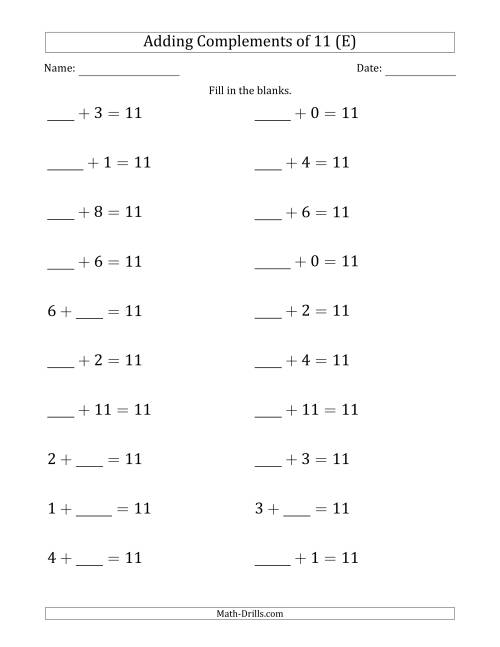 The Adding Complements of 11 (Blanks in First or Second Position Mixed) (E) Math Worksheet