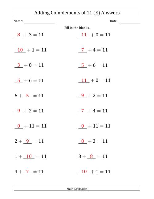 The Adding Complements of 11 (Blanks in First or Second Position Mixed) (E) Math Worksheet Page 2