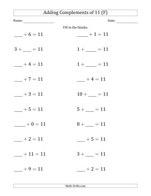 The Adding Complements of 11 (Blanks in First or Second Position Mixed) (F) Math Worksheet