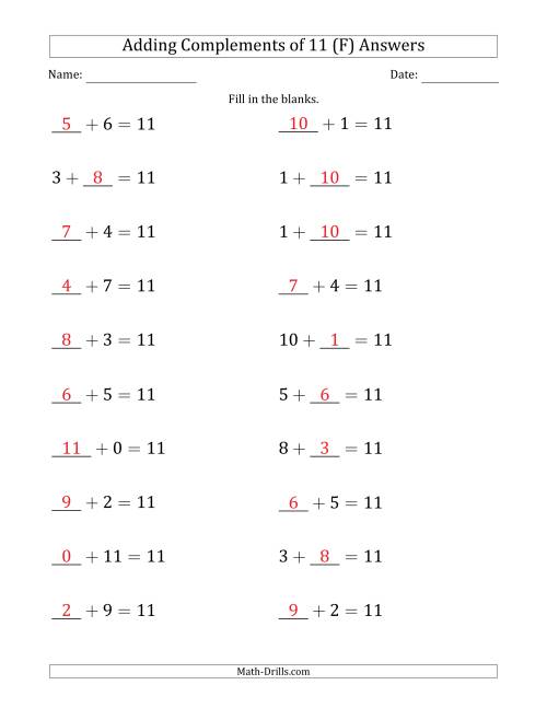 The Adding Complements of 11 (Blanks in First or Second Position Mixed) (F) Math Worksheet Page 2