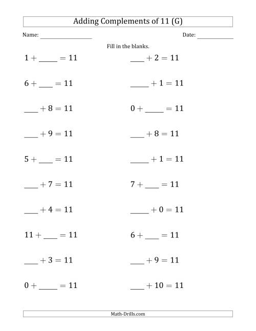 The Adding Complements of 11 (Blanks in First or Second Position Mixed) (G) Math Worksheet