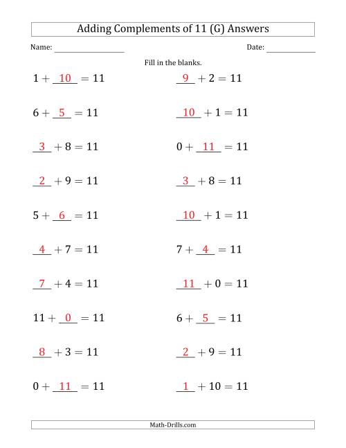 The Adding Complements of 11 (Blanks in First or Second Position Mixed) (G) Math Worksheet Page 2