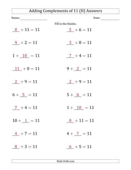 The Adding Complements of 11 (Blanks in First or Second Position Mixed) (H) Math Worksheet Page 2