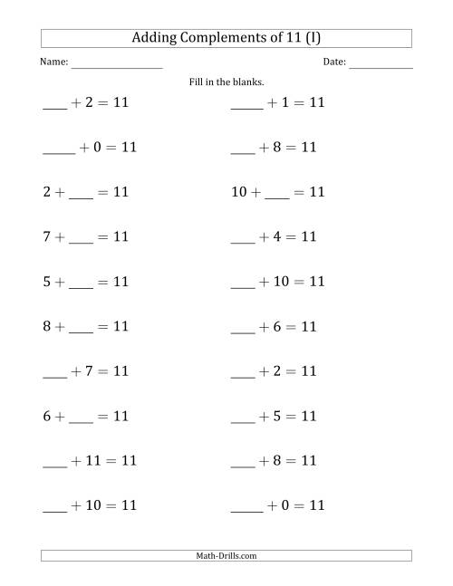 The Adding Complements of 11 (Blanks in First or Second Position Mixed) (I) Math Worksheet