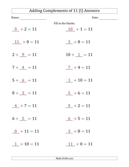 The Adding Complements of 11 (Blanks in First or Second Position Mixed) (I) Math Worksheet Page 2