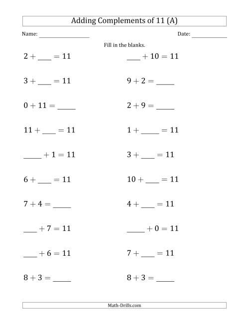 The Adding Complements of 11 (Blanks in Any Position, Including Sums) (A) Math Worksheet