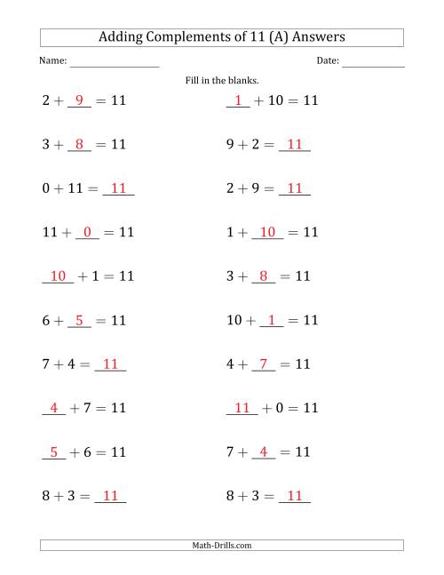 The Adding Complements of 11 (Blanks in Any Position, Including Sums) (A) Math Worksheet Page 2