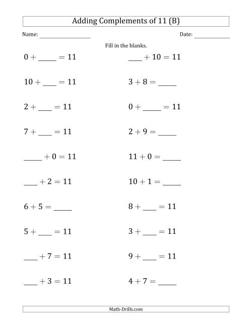 The Adding Complements of 11 (Blanks in Any Position, Including Sums) (B) Math Worksheet