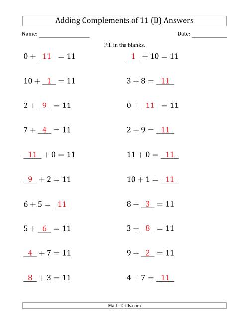 The Adding Complements of 11 (Blanks in Any Position, Including Sums) (B) Math Worksheet Page 2