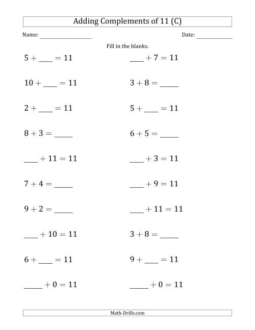 The Adding Complements of 11 (Blanks in Any Position, Including Sums) (C) Math Worksheet