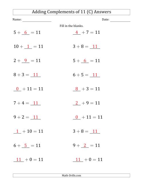 The Adding Complements of 11 (Blanks in Any Position, Including Sums) (C) Math Worksheet Page 2