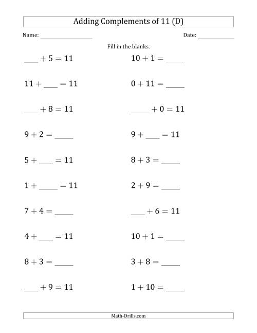 The Adding Complements of 11 (Blanks in Any Position, Including Sums) (D) Math Worksheet