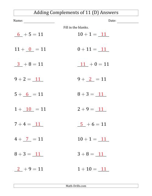 The Adding Complements of 11 (Blanks in Any Position, Including Sums) (D) Math Worksheet Page 2