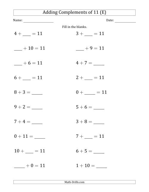 The Adding Complements of 11 (Blanks in Any Position, Including Sums) (E) Math Worksheet