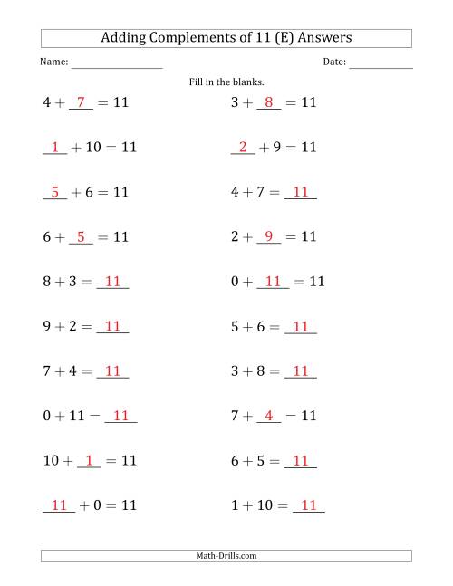 The Adding Complements of 11 (Blanks in Any Position, Including Sums) (E) Math Worksheet Page 2