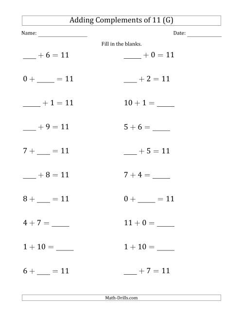 The Adding Complements of 11 (Blanks in Any Position, Including Sums) (G) Math Worksheet