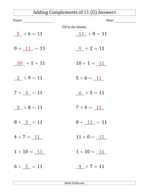 The Adding Complements of 11 (Blanks in Any Position, Including Sums) (G) Math Worksheet Page 2