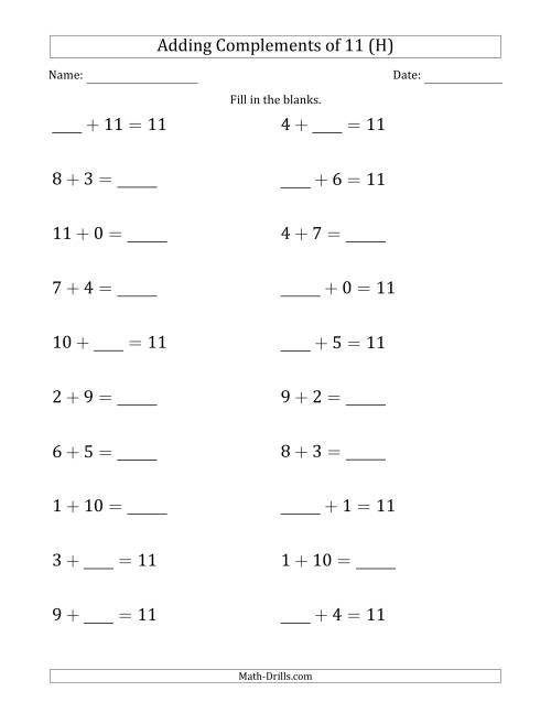 The Adding Complements of 11 (Blanks in Any Position, Including Sums) (H) Math Worksheet