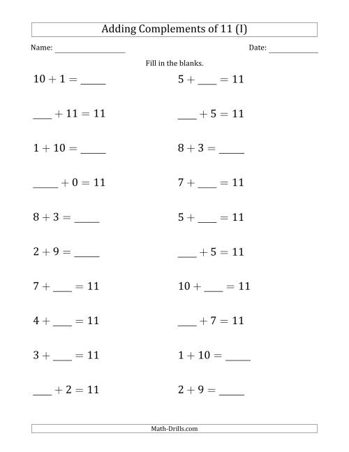 The Adding Complements of 11 (Blanks in Any Position, Including Sums) (I) Math Worksheet
