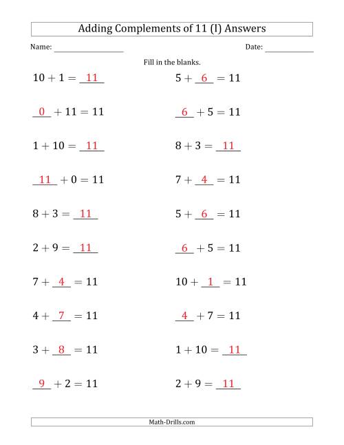 The Adding Complements of 11 (Blanks in Any Position, Including Sums) (I) Math Worksheet Page 2