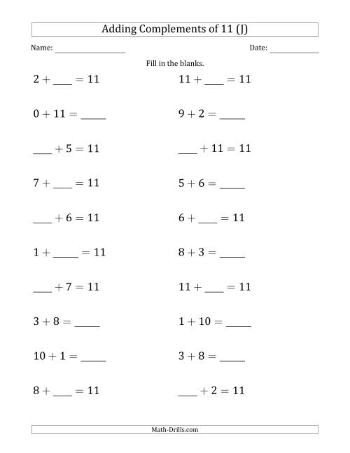 The Adding Complements of 11 (Blanks in Any Position, Including Sums) (J) Math Worksheet
