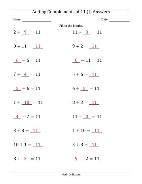 The Adding Complements of 11 (Blanks in Any Position, Including Sums) (J) Math Worksheet Page 2