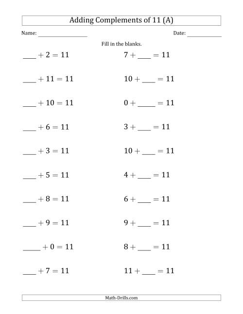 The Adding Complements of 11 (Blanks in First Then Second Position) (A) Math Worksheet