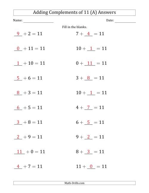 The Adding Complements of 11 (Blanks in First Then Second Position) (A) Math Worksheet Page 2