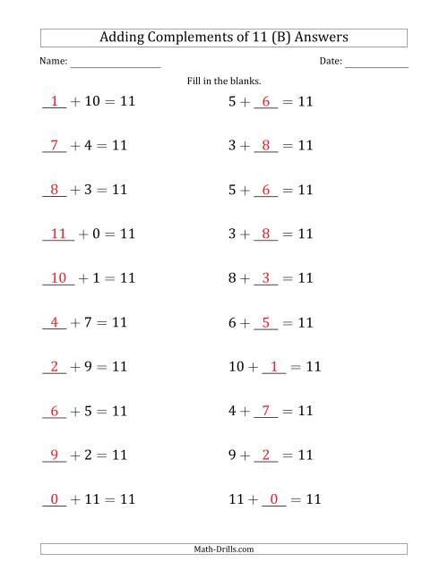 The Adding Complements of 11 (Blanks in First Then Second Position) (B) Math Worksheet Page 2
