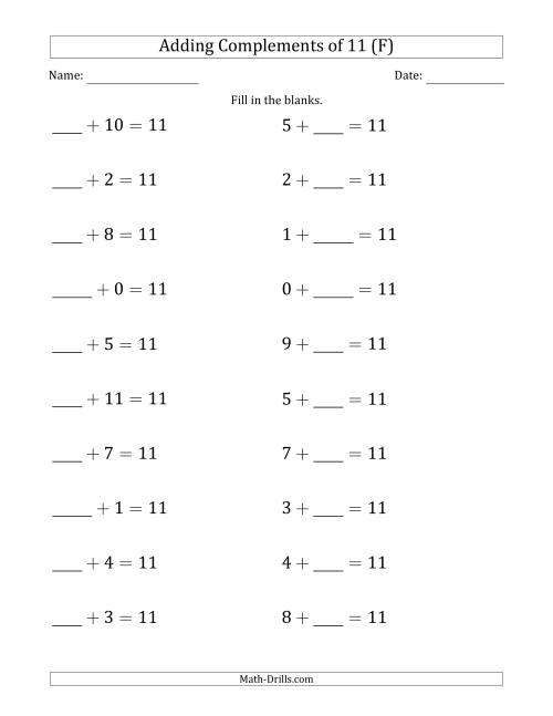 The Adding Complements of 11 (Blanks in First Then Second Position) (F) Math Worksheet