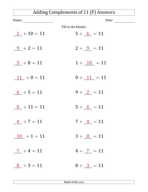The Adding Complements of 11 (Blanks in First Then Second Position) (F) Math Worksheet Page 2