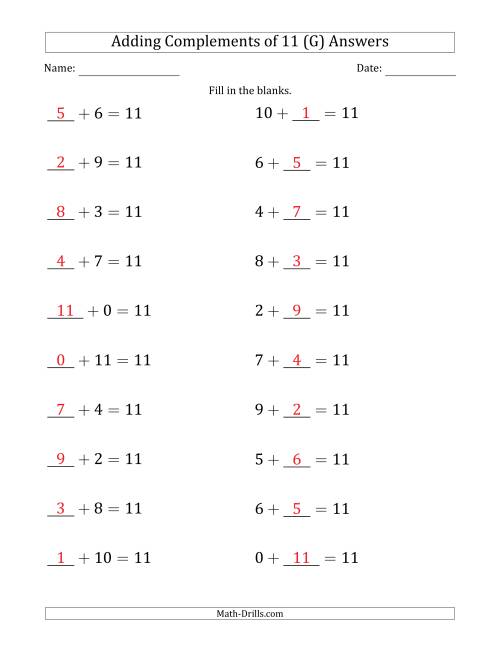 The Adding Complements of 11 (Blanks in First Then Second Position) (G) Math Worksheet Page 2