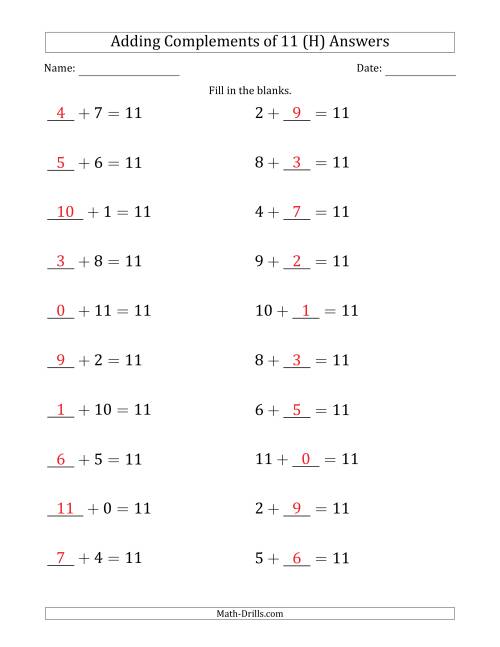 The Adding Complements of 11 (Blanks in First Then Second Position) (H) Math Worksheet Page 2