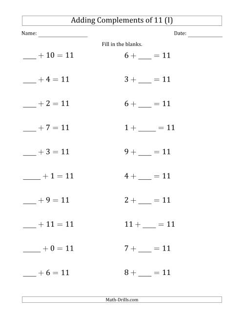The Adding Complements of 11 (Blanks in First Then Second Position) (I) Math Worksheet