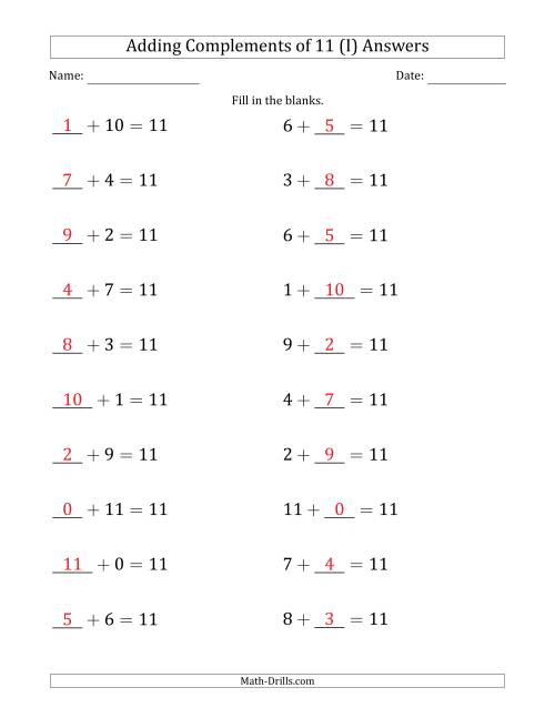 The Adding Complements of 11 (Blanks in First Then Second Position) (I) Math Worksheet Page 2