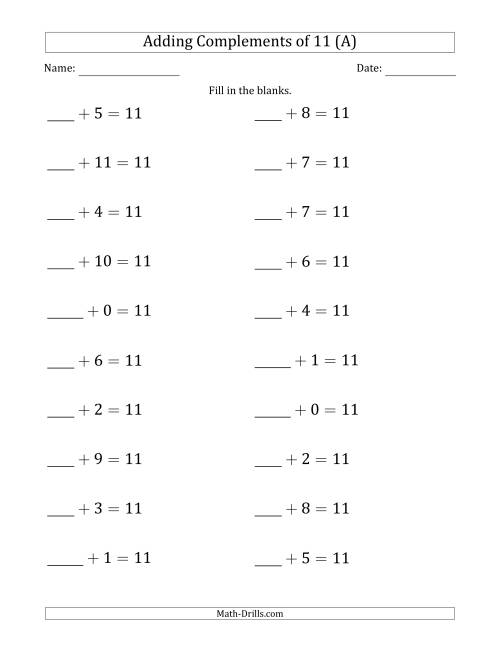 The Adding Complements of 11 (Blanks in First Position Only) (A) Math Worksheet