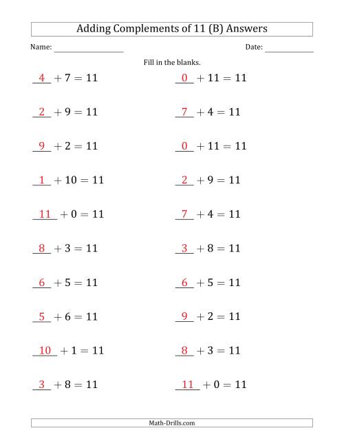 The Adding Complements of 11 (Blanks in First Position Only) (B) Math Worksheet Page 2