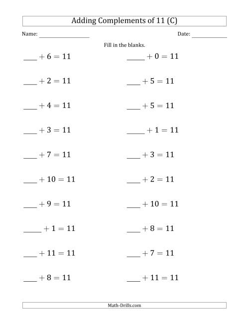The Adding Complements of 11 (Blanks in First Position Only) (C) Math Worksheet