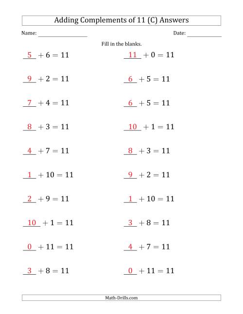 The Adding Complements of 11 (Blanks in First Position Only) (C) Math Worksheet Page 2