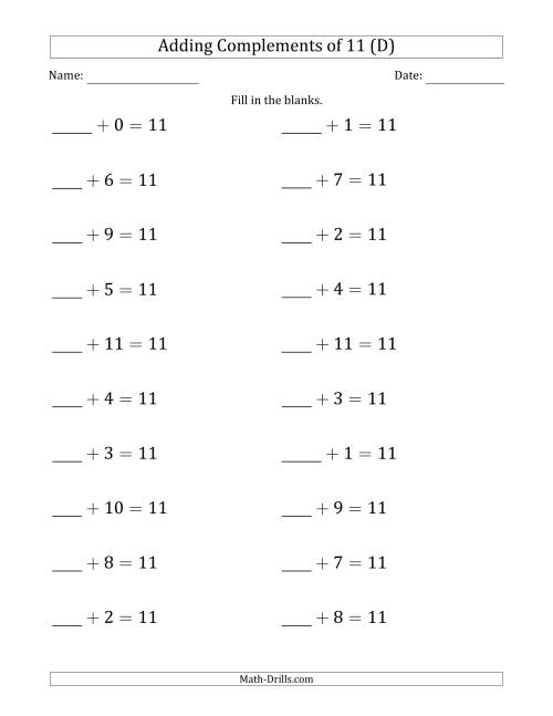 The Adding Complements of 11 (Blanks in First Position Only) (D) Math Worksheet