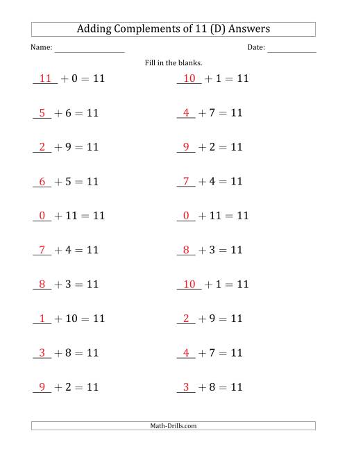 The Adding Complements of 11 (Blanks in First Position Only) (D) Math Worksheet Page 2