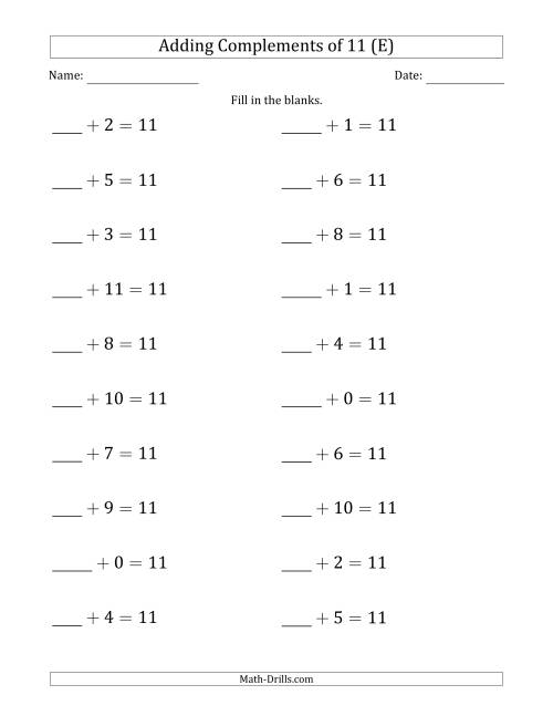 The Adding Complements of 11 (Blanks in First Position Only) (E) Math Worksheet