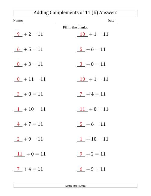 The Adding Complements of 11 (Blanks in First Position Only) (E) Math Worksheet Page 2