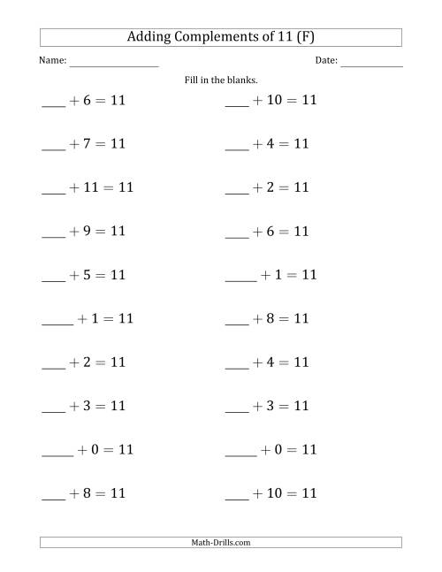 The Adding Complements of 11 (Blanks in First Position Only) (F) Math Worksheet